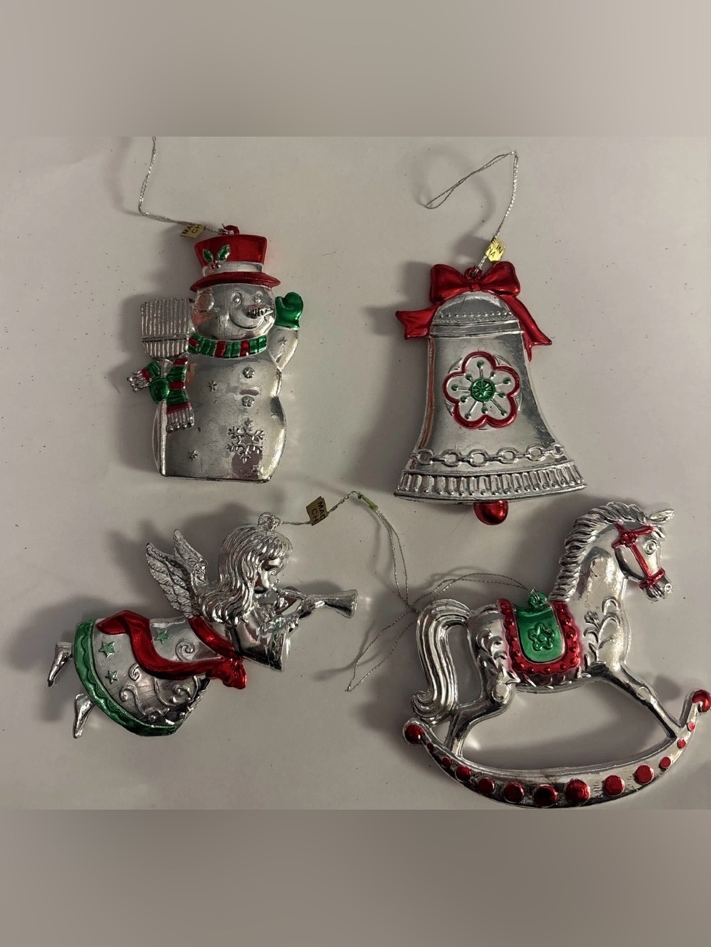 4 Metallic Silver Red Green Hard Plastic Christmas Ornaments Rocking Horse Bell
